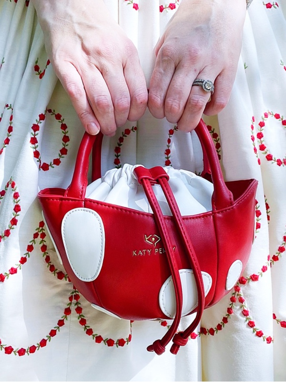 Katy Perry Mushroom Purse Mini Red White Polka Dot Bucket Drawstring